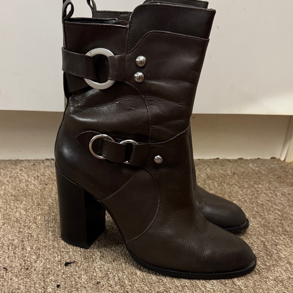 Zara Dark Brown Leather Heeled Ankle Boots with Silver Ring Hardware